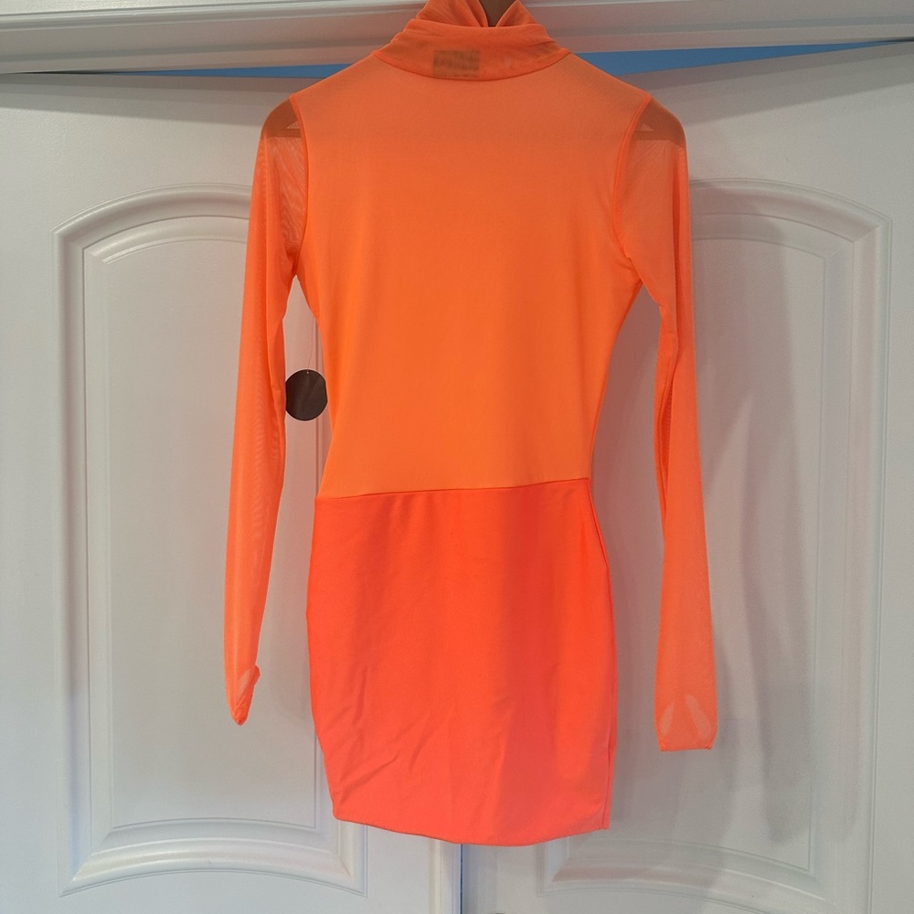 Neon Orange/ Hot Orange layered mesh super stretch hug curving dress